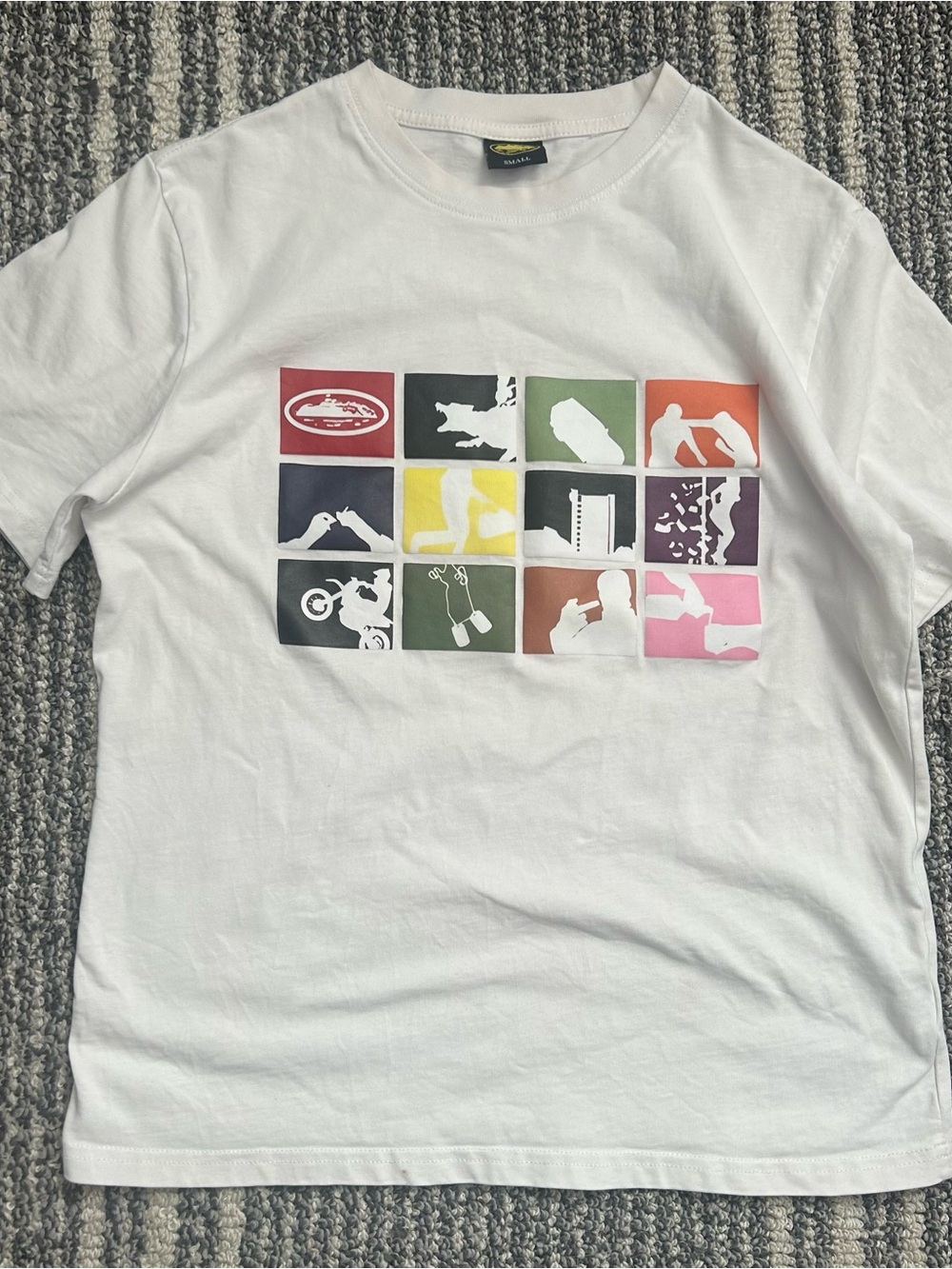 White Graphic Short-Sleeve Men’s Tee with Multicolor Icon Grid